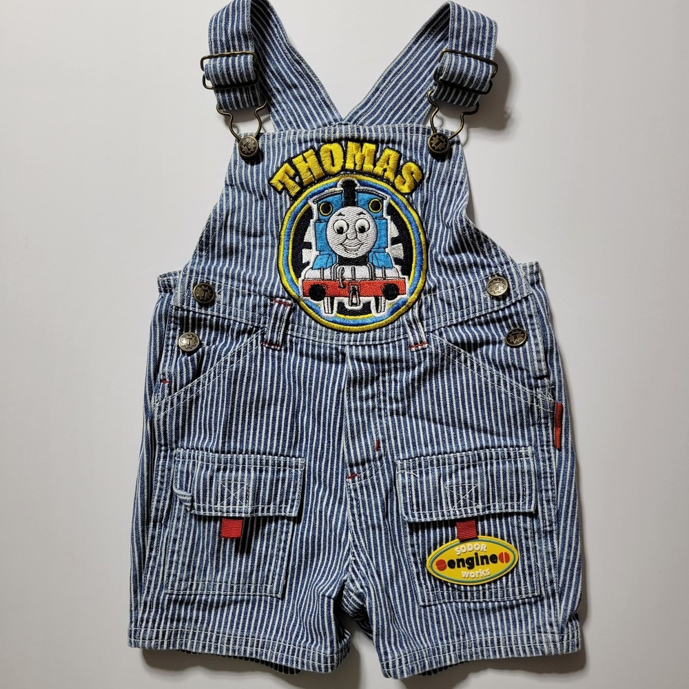 Vtg Thomas the Train Overalls 12M Denim Blue White Railroad Stripe Shortalls
